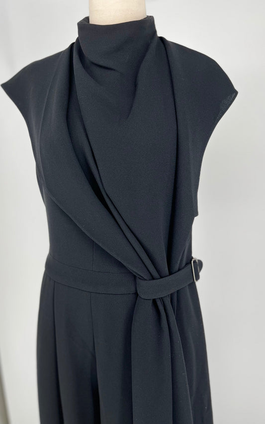 Black sleeveless jumpsuit on a mannequin against a white background