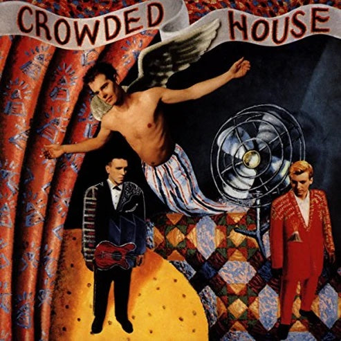 Album cover for 'Crowded House' featuring a winged figure and three people in a stylized setting.