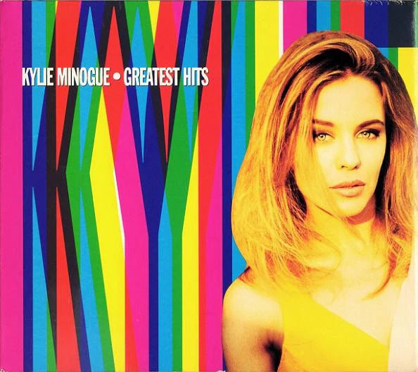 Music CD cover of Kylie Minogue's 'Greatest Hits' with colourful design and portrait of Kylie.