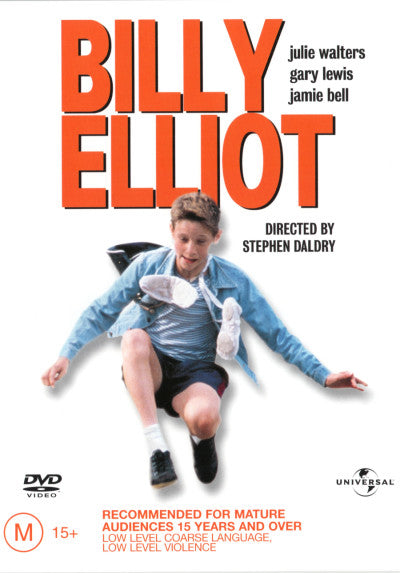 DVD cover showing a young Billy Elliot jumping in the air with ballet shoes round his neck