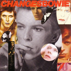 Music CD cover with a collage of David Bowie's alter-egos and text 'Changes Bowie'.