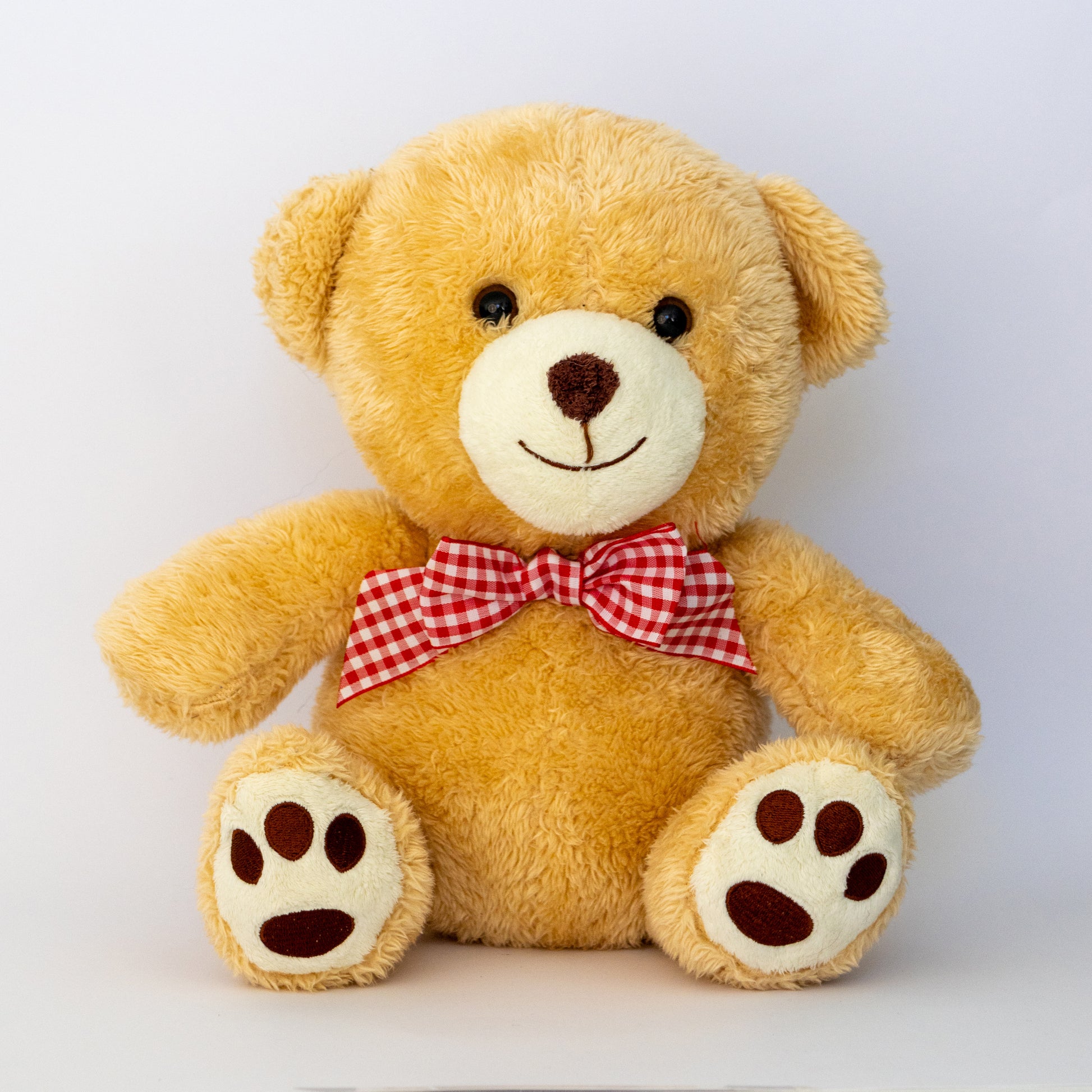 Plush teddy bear with a red checkered bow tie on a white background