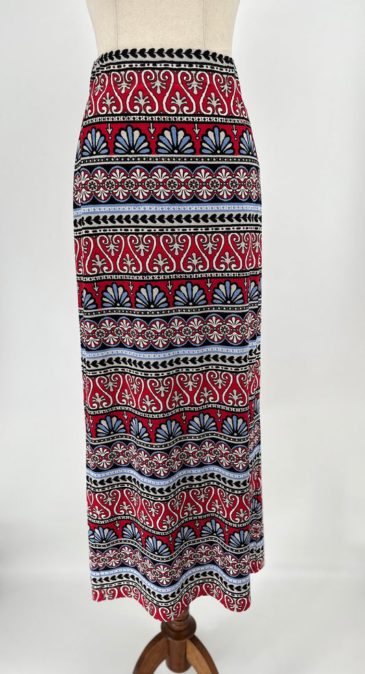Patterned skirt on a mannequin against a white background