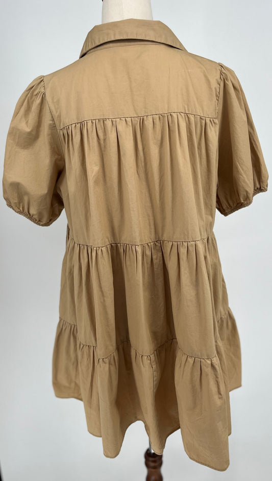 Beige dress with puff sleeves on a white background