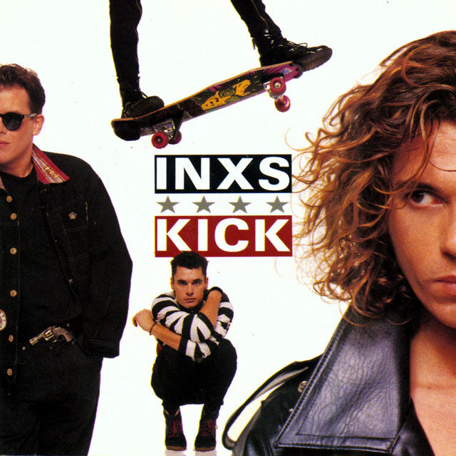 Album cover for INXS' 'Kick' featuring four band members and a skateboard.