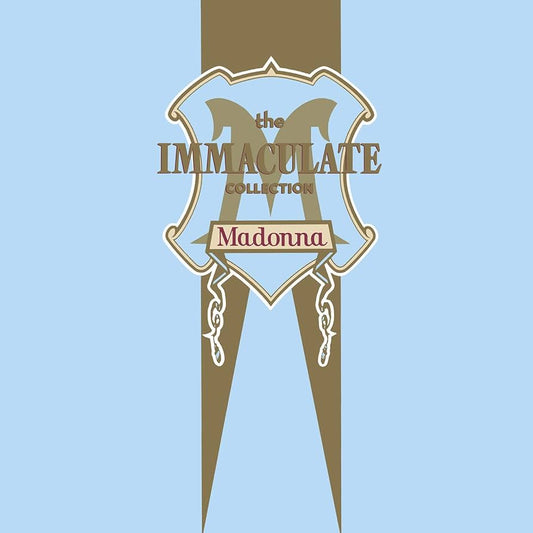 Album cover for 'The Immaculate Collection' by Madonna with a blue background and gold design elements.