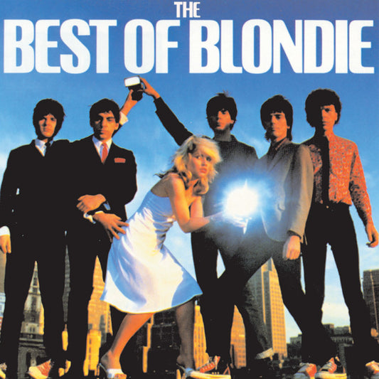 Music CD  cover for 'The Best of Blondie' featuring the band in formal attire with a cityscape background.