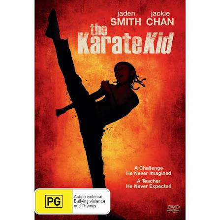 DVD cover of 'The Karate Kid' with silhouette of a character in a martial arts pose on a red background.